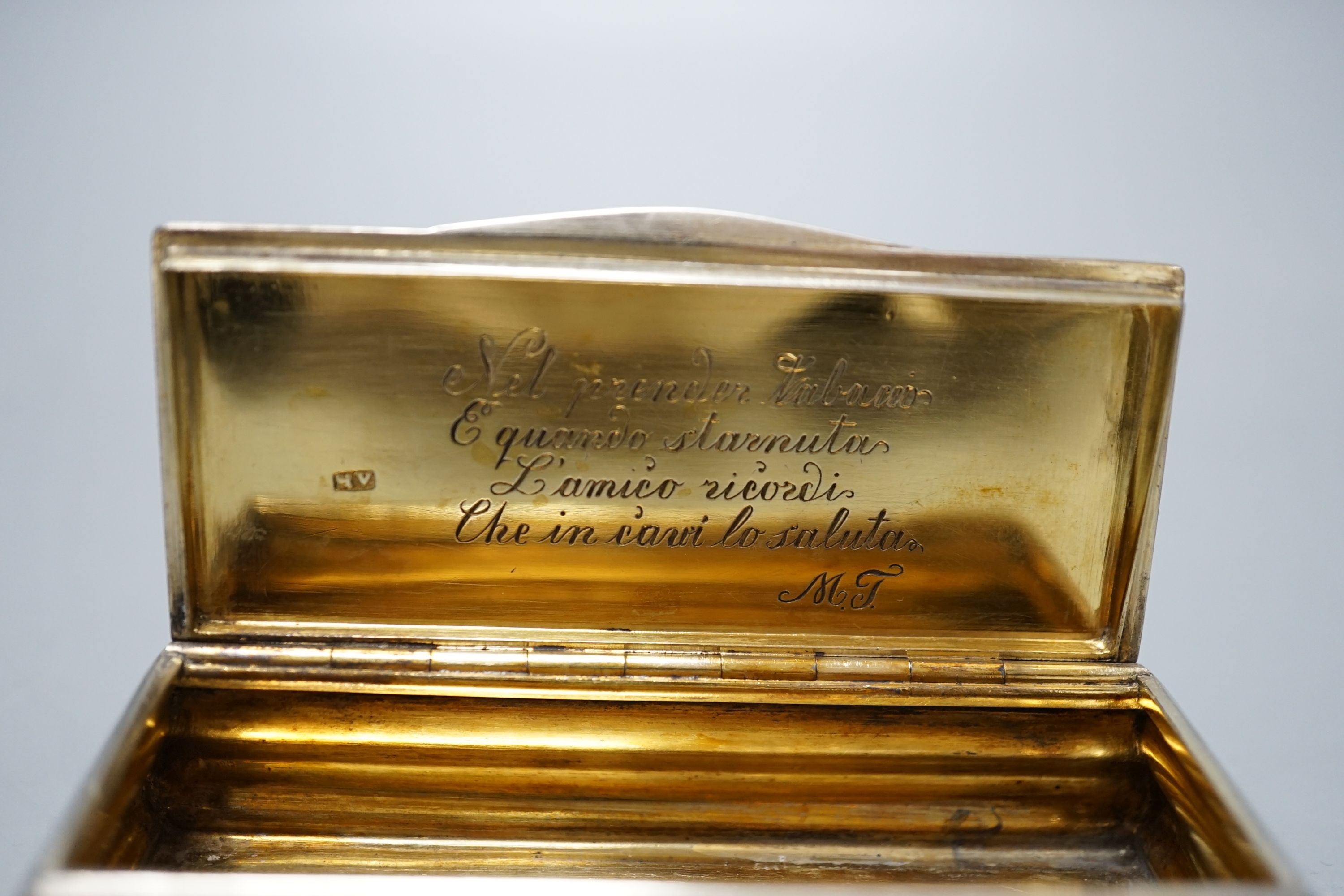 A 19th century Austro-Hungarian white metal and two colour enamel snuff box, with interior engraved inscription, 92mm, gross weight 98.2 grams.